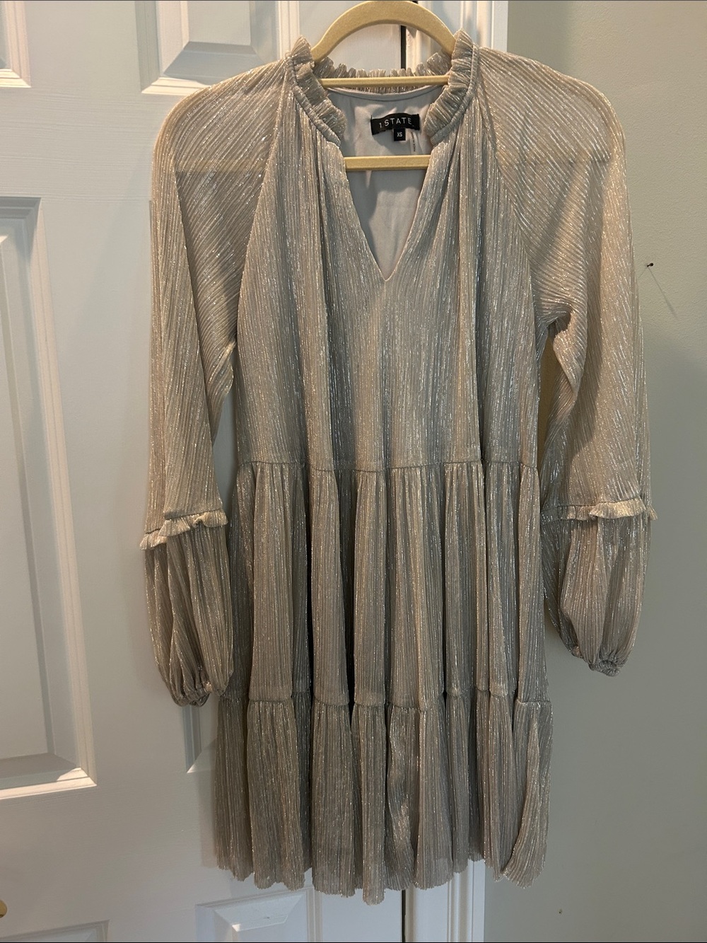 1. State Shimmery Champagne-Tone Tiered Long-Sleeve Mini Dress